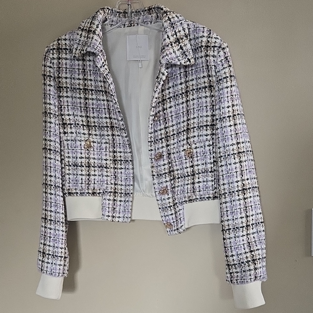 Cropped Tweed Jacket in Lavender Plaid - Womens Jacket & Coat